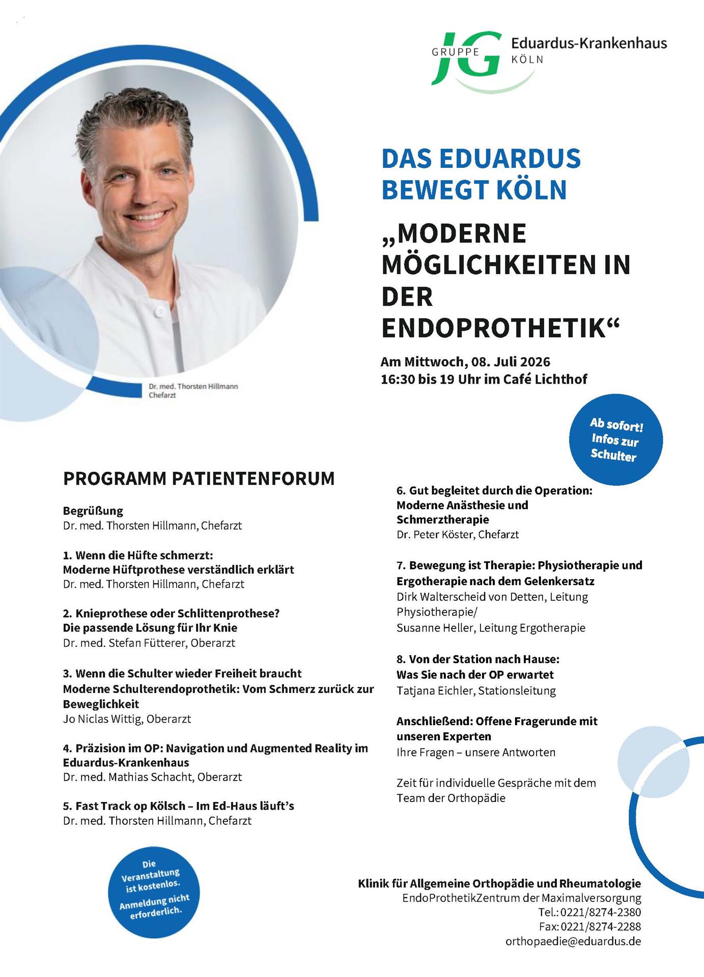 Moderne Möglichkeiten in der Endoprothetik – Infoabend für Gesundheitsinteressierte am 08.07.2026 im Eduardus-Krankenhaus Köln-Deutz 